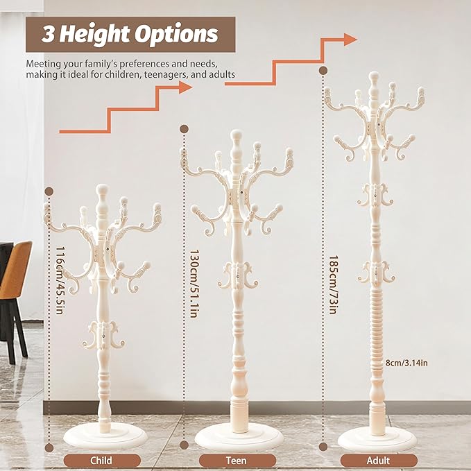 Solid Wood Coat Rack Freestanding Coat Tree with 18 Hooks, 3 Adjustable Height Sturdy Coat Racks Tree for Coats, Hats, Bags, Vintage Wood Coat Tree Hanger Stand for Living Room,Entryway,Office
