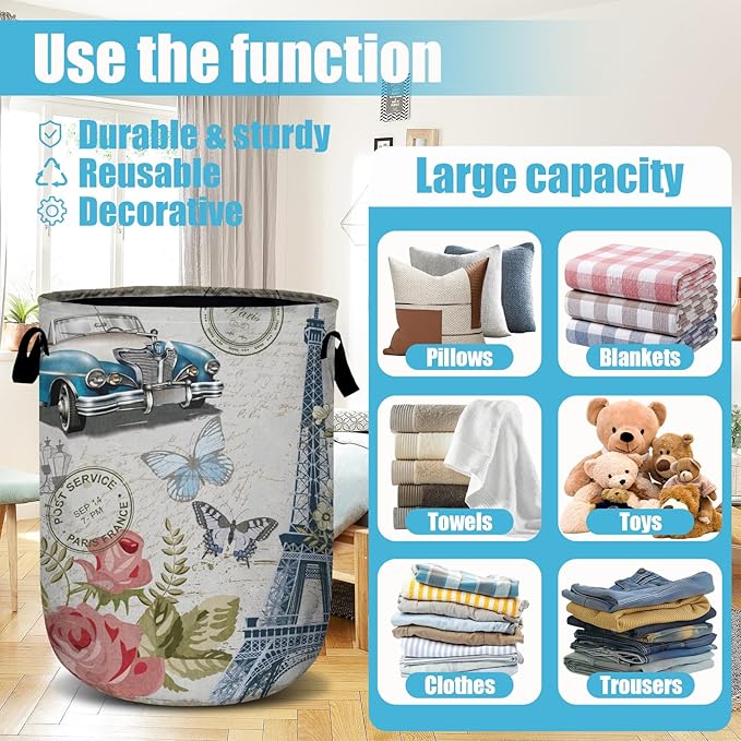 Vintage Paris Eiffel Tower Laundry Basket, Laundry Hamper Collapsible Oxford Cloth with Handle Clothes Toy Storage Bin for Bathroom Laundry Room Bedroom 15.7 X 20 Inch