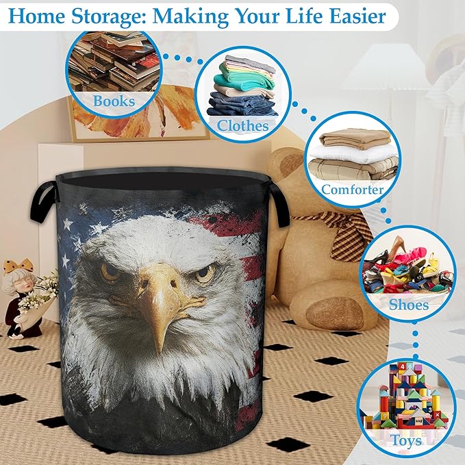 Laundry Hamper American Eagle Laundry Basket with Handle, Collapsible Portable Clothes Toy Storage Baskets for Bathroom Bedroom Room Decor 16" X 20.8"