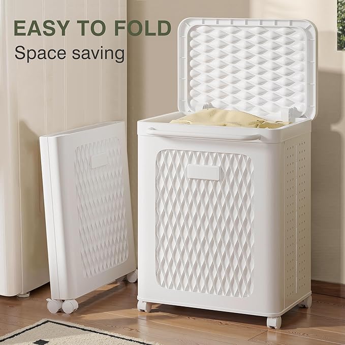 VECELO Rolling Storage Bins with Lid, Plastic Organizers Cart with Wheels & Handle, Foldable Storage Containers for Laundry, Bathroom, Bedroom, 19.3" x 13.8" x 25.0", White
