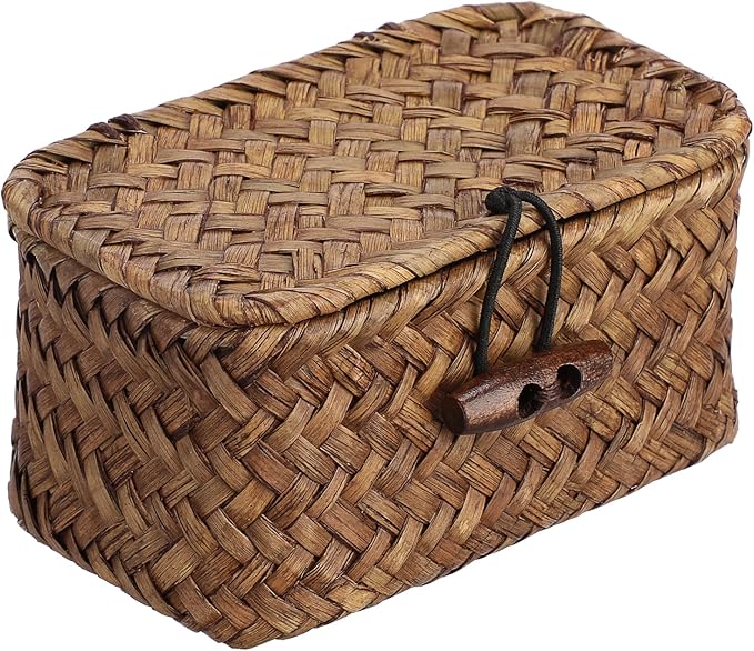 Seagrass Basket Bin with Lid Mini Size Handwoven Wicker Storage Container Storage Basket Decorative Desktop Organizer for Shelf Bathroom Home Decor, 4.3"x2.5"x2.1"