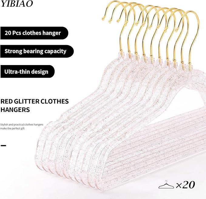 20 Pcs Red Glitter Sparkle Hangers, Ultra-Thin Acrylic Glitter Hangers for Dresses and Suits - Non-Slip Space-Saving (Red)