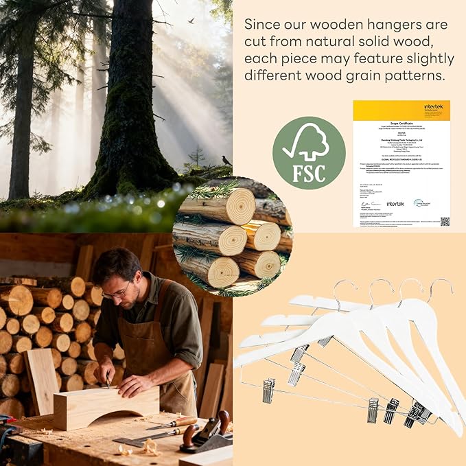 HOUSE DAY Wooden Hangers with Clips 12 Pack, Heavy Duty White Wood Pants Hanger, Premium Skirt Hanger with Adjustable Clips, Solid Clip Hangers for Suit, Blouse, Dress, Coat, Jacket, Bottom