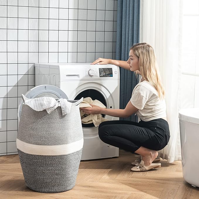 Cotton Rope Laundry Hamper by YOUDENOVA, 105L - Woven Collapsible Laundry Basket - Clothes Storage Basket for Blankets, Laundry Room Organizing, Bedroom Storage, Clothes Hamper – Dark Grey