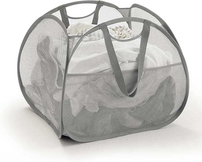 TECHMILLY Collapsible Mesh Pop Up Laundry Hamper with Strong Handles, Large Opening Clothes Hamper with Side Pockets, Storage Baskets for Dorm, Laundry Room, Bathroom or Travel (Grey, 90L)