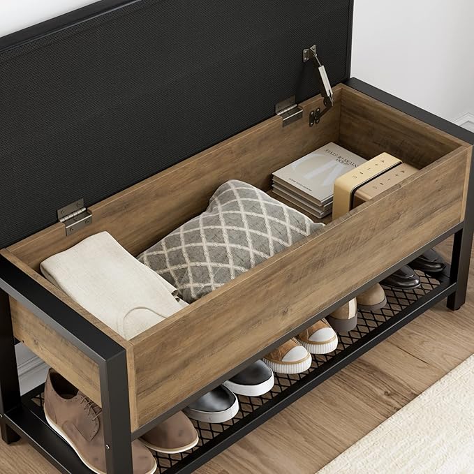 HOSTACK Storage Bench, Entryway Shoe Bench with Flip-Open Storage Box, End of Bed Ottoman Bench with Storage Shelf and Padded Seat for Bedroom, Hallway, Rustic Brown