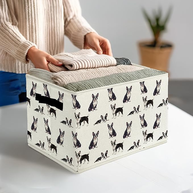 Boston Terrier Gifts Storage Bins & Boxes with Handles, Dog Foldable Basket for Organizing Dog Lovers,Boston Terrier Christmas Collapsible Laundry Hampers for Bedroom Bathroom Clothes Toys Books