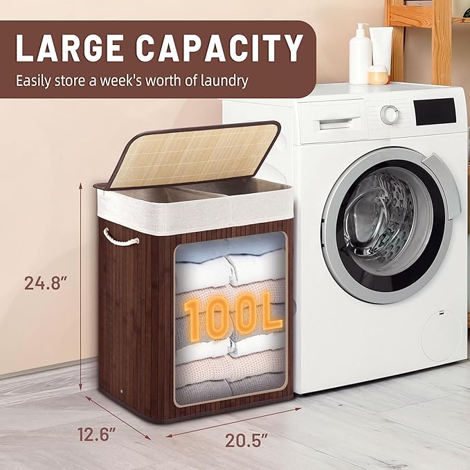 100L Laundry Hamper with lid, 2-Section Clothes Laundry Basket with Handles, Large Collapsible Bamboo Baskets for Bedroom, Bathroom, Dorm, Brown