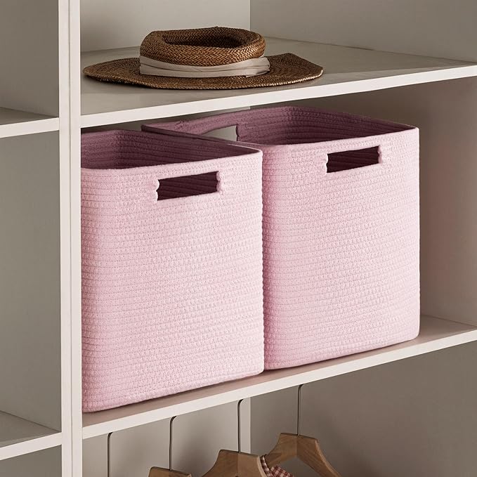 UBBCARE Storage Cubes 11 Inch, Cotton Rope Woven Baskets for Organizing, Cube Storage Bin for Baby Nursery, 4-Pack Square Toy Storage Baskets for Shleves Organizer, Closet, Kidsroom, Pink