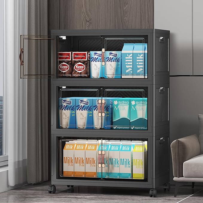 Extra Large Stackable Storage Bins with Lids & Wheels & Door, 156QT-52QT/13GAL*3Pack Foldable Collapsible Closet Organizers, Plastic containers drawers for bedroom Dorm