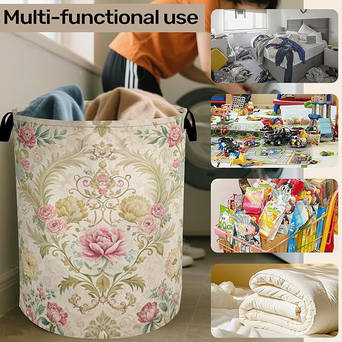 Shabby Chic Rose Laundry Basket with Handles - Extra Large Foldable Hamper for Bathroom/Laundry/Bedroom/Dorm, Washable Fabric Storage Bin
