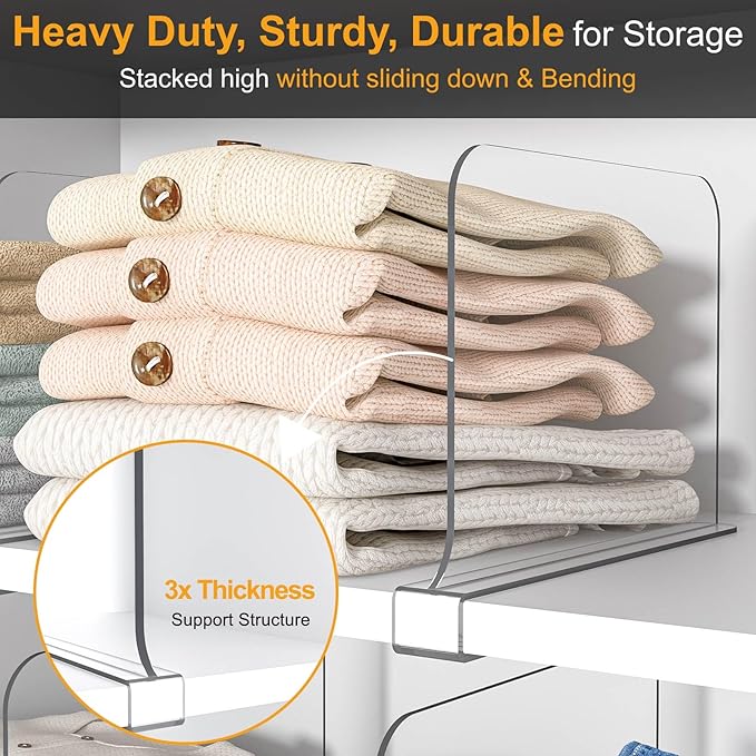 OKPOW Shelf Dividers for Closet Organization: 4 Pack 8" Tall X 12" Deep Acrylic Clear Sturdy Separators for Clothes Purse - Easy Install Adjustable Maximize Bedroom Space for Home Organizer & Wife