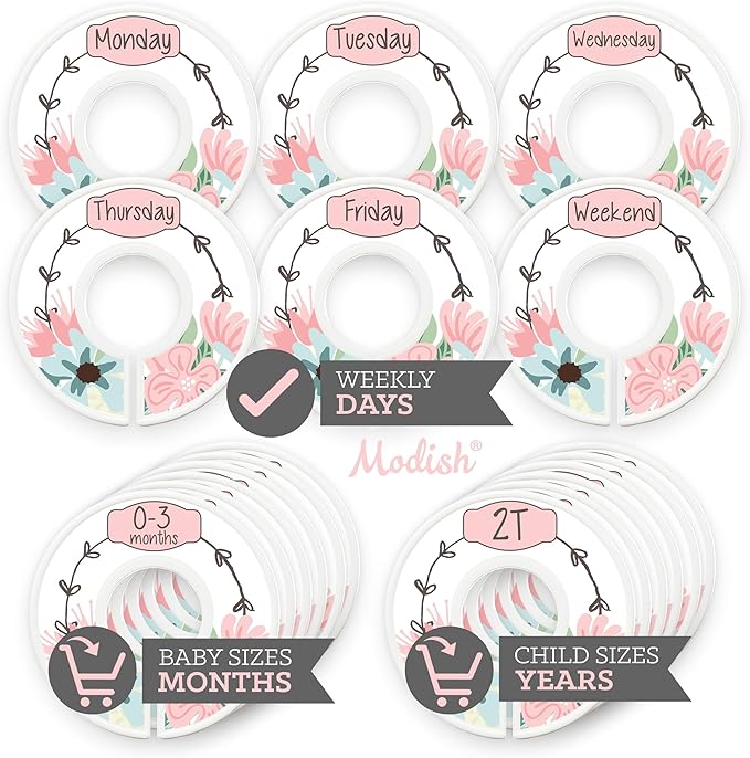 Days of The Week Clothes Organizer, Modish Labels Weekly Monday Through Friday Kids Closet Organization, Hanging School Clothes Organizers Sets, Girl Boho Chic Vintage Pink Floral Children Room Décor