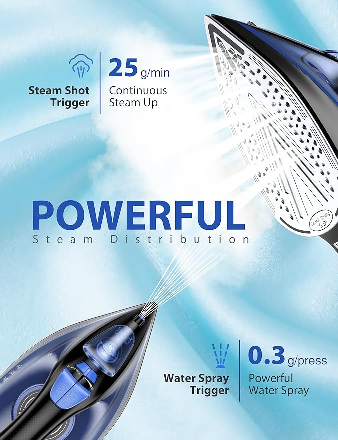 Steam Iron for Clothes 12s Fast Heat-up, 1500W Iron with 13.21oz Water Tank, 3-Way Auto shutoff, Burst Steam, Spray Mist, Anti-Drip, Self-Cleaning, Vertical Ironing for Home 20260108A