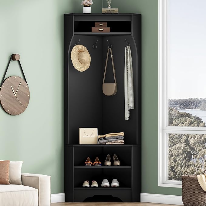 LUMISOL Modern Corner Hall Tree with Shoe Bench for Entryway, Mudroom Coat Rack with 4 Hooks, Corner Cabinet with Adjustable Shelf for Living Room Hallway, Black