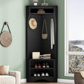 LUMISOL Modern Corner Hall Tree with Shoe Bench for Entryway, Mudroom Coat Rack with 4 Hooks, Corner Cabinet with Adjustable Shelf for Living Room Hallway, Black
