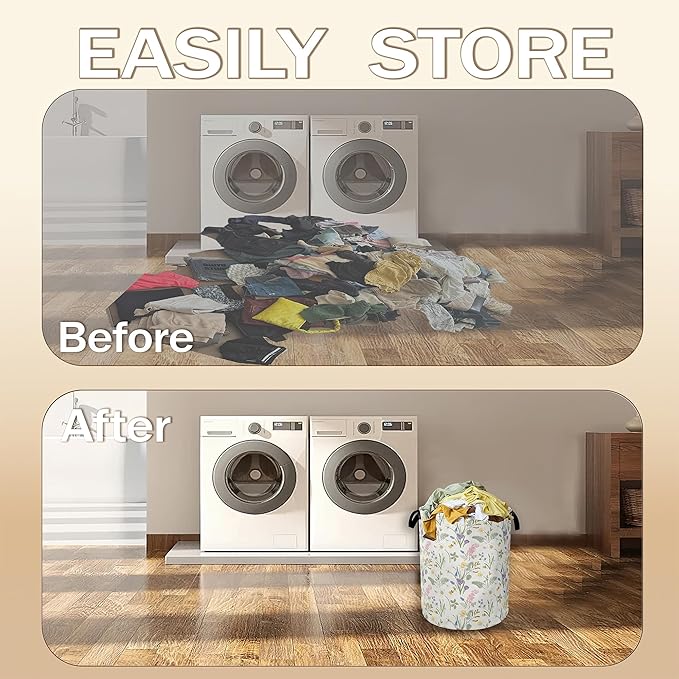 Collapsible Laundry Basket,Wildflower Dirty Clothes Hamper,Colorful Floral Leaves Hampers for Bedroom Waterproof Oxford Cloth Storage Organizer for Bathroom,Nursery,Dorm,16x20 Inch