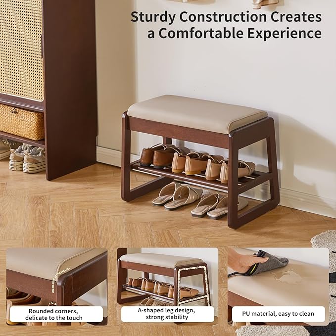 Shoe Rack Bench with Cushion, 2 Tiers Wood Shoe Bench with Flip-Top Storage, 23.62in Shoe Rack for Entryway, Hallway, Walnut Color YD-WD060B