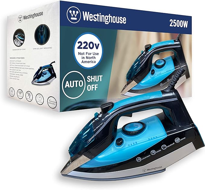 Westinghouse 220v Iron 2500 watts with Steam & Auto Shut Off 220 – 240 Volts 50/60 hz Bundle with Dynastar Plug Adapter (NOT for USA)