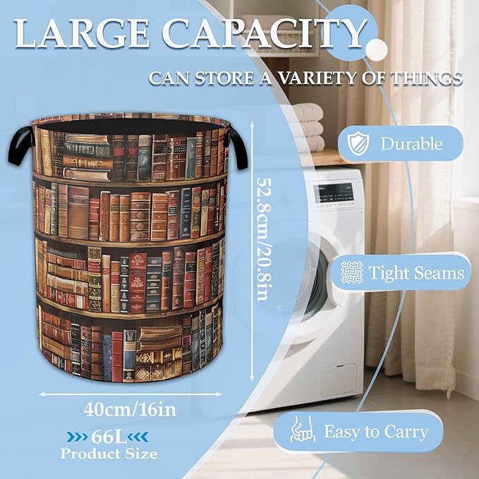 Retro Wooden Book shelf Laundry Basket Collapsible Laundry Hamper, Oxford Cloth Storage Bin for Room/Bathroom/Bedroom/Dormitories 16" X 20.8"