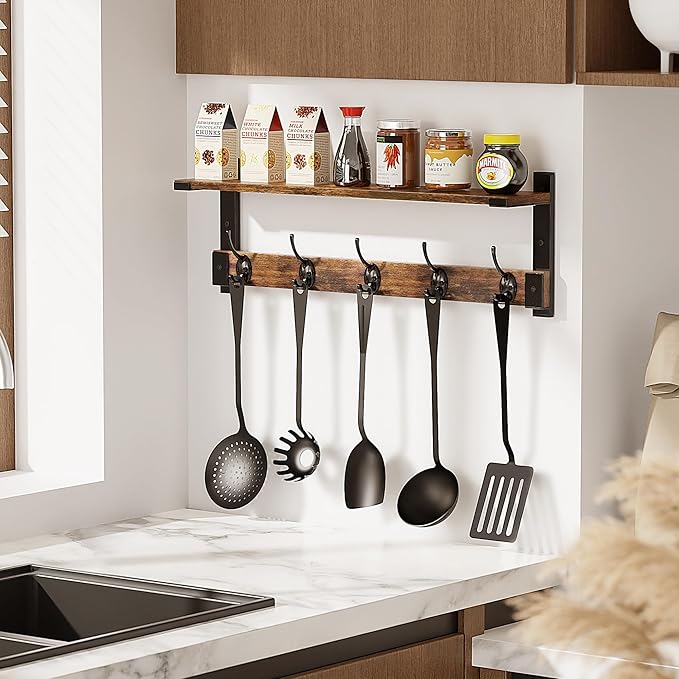 Coat Rack Wall Mount with Hooks and Shelf for Coat, Backpack, Key, Clothes Hanger, Wall Floating Shelf for Entryway, Living Room, Bathroom, Bedroom, Kitchen