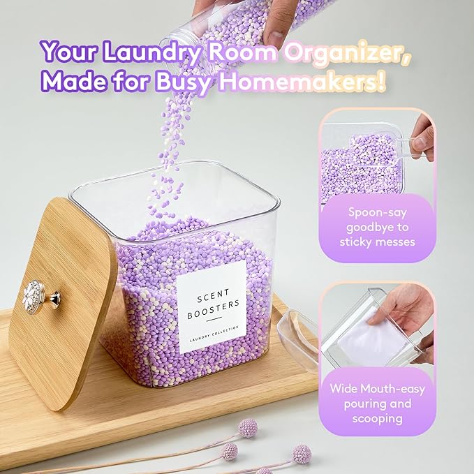 4 Pack Laundry Pod Containers and Dryer Sheet Holder for Laundry Room Organization Acrylic Jars with Lids and Labels for Laundry Detergent Laundry Pods Dry Sheet Organizing