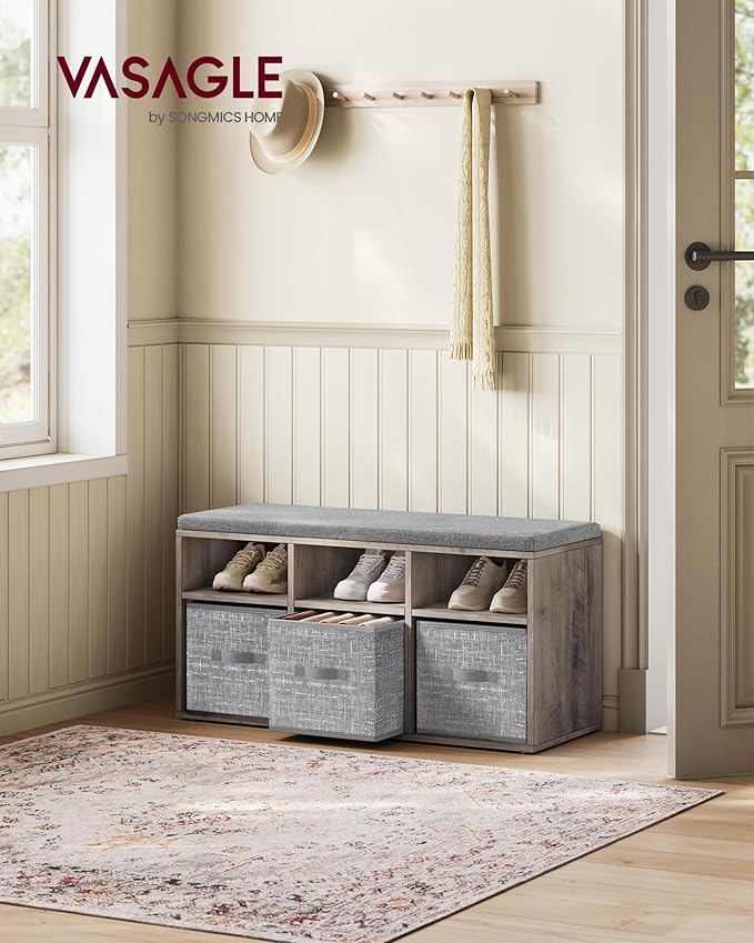 VASAGLE Shoe Bench with Cushion, Shoe Storage Bench with 6 Compartments and 3 Adjustable Shelves, Entryway Bench with 3 Storage Boxes, for Bedroom, Closet, Living Room, Heather Greige ULSB101K01