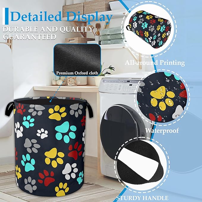 Colourful Paw Prints Laundry Basket Collapsible Laundry Hamper with Handle, Oxford Clothes Toy Storage Bin for Bathroom Bedroom Room Decor 16" X 20.8"