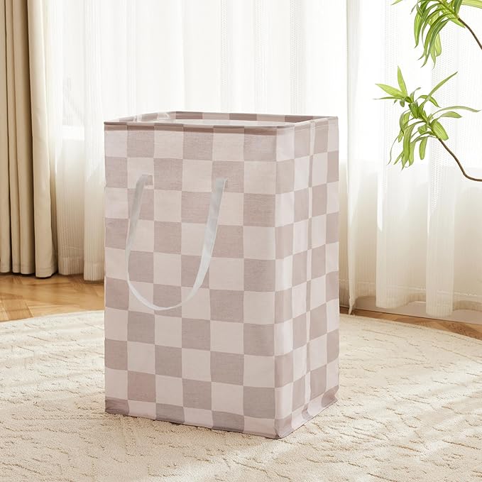 Checkered Laundry Hamper, Pack of 2, Large Beige Khaki Collapsible Cloth Hampers Basket for Storage Organization Cute Aesthetic, 2 x 75L