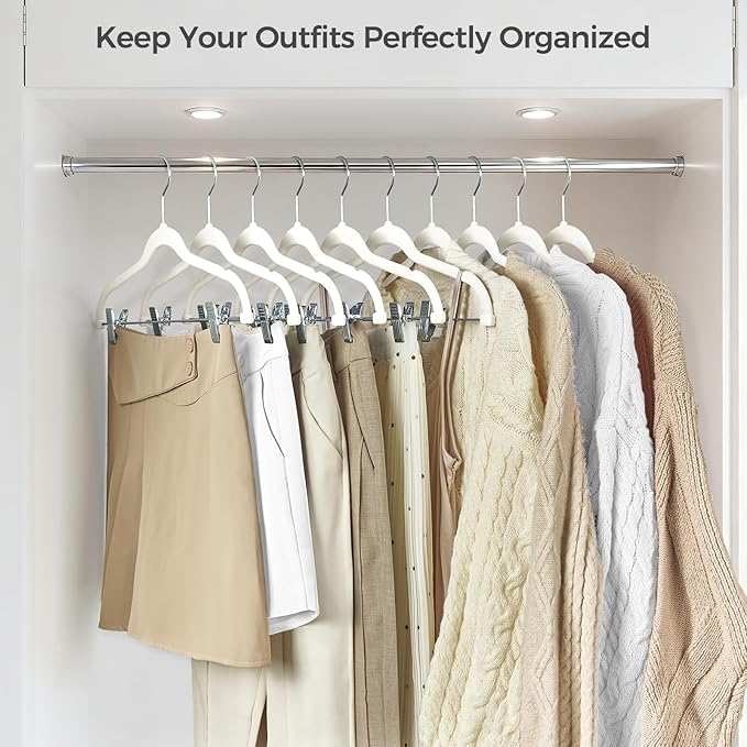 HOUSE DAY Velvet Hangers with Adjustable Clips 20 Pack, Non-Slip Suit Organizer with 360° Hook - Heavy Duty Hanger for Pants, Skirts, Blouses, Dresses - Outfit Hangers All-Season Space Saver (Ivory)
