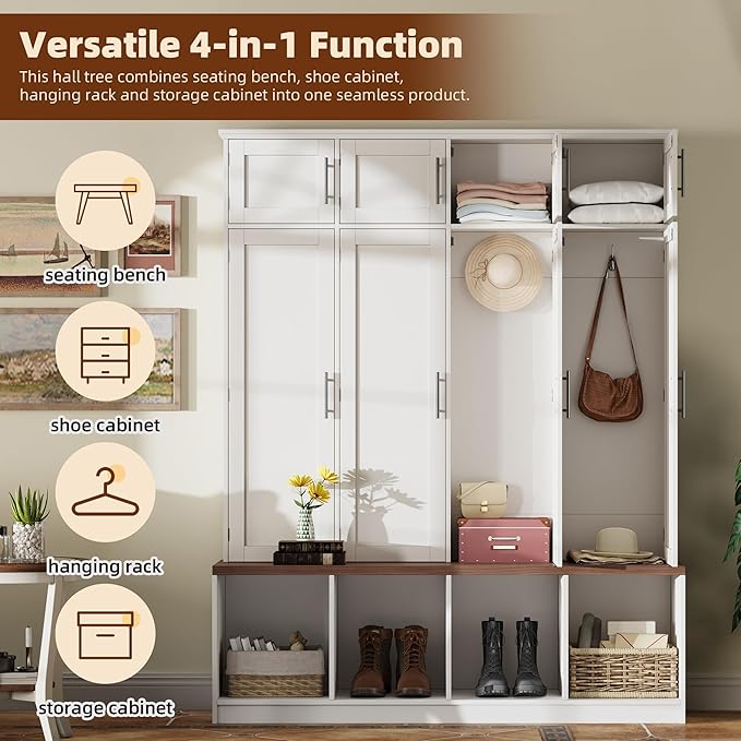 75" H Farmhouse Hall Tree with Storage, Versatile 4-in-1 Coat Hanger with 4 Hidden Hanging Hooks, 8 Doors, Entryway Shoe Cabinet with Open Compartments for Living Room