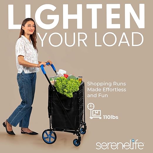 SereneLife Large Folding Utility Shopping Cart with Removable Liner – Heavy Duty, 360° Swivel Wheels, 110 lb Capacity, Portable for Groceries, Laundry, Luggage, and More(Blue)