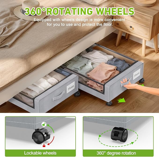Under Bed Storage with Wheels, 2 Pack Under bed Storage Containers with Clear Lids & Zippers, Under Bed Shoe Storage Organizer, Rolling Underbed Storage for Clothes, Shoes, Blankets (Grey)