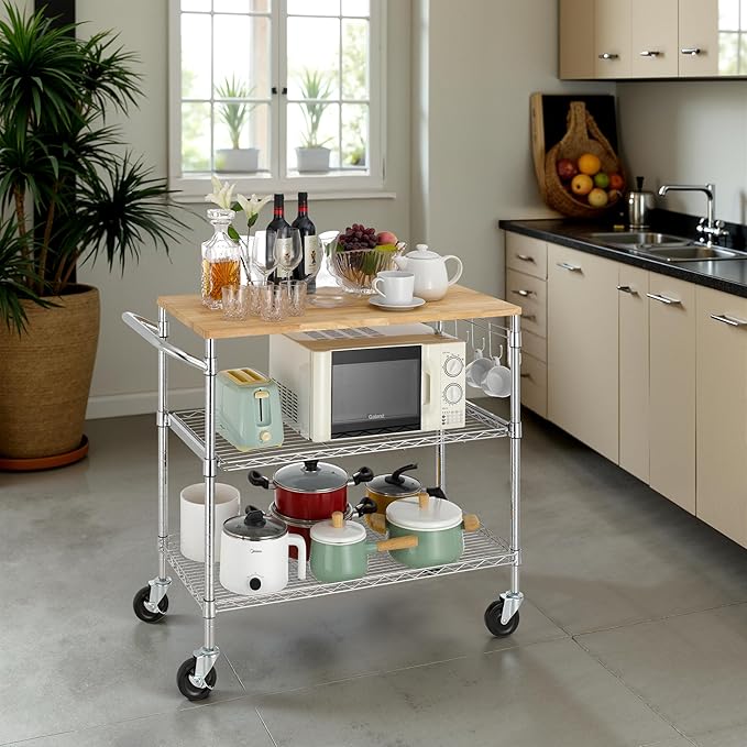 Finnhomy 3-Tier Rolling Kitchen Cart with 18" D x 36" W Oak Wood Tabletop, Kitchen Island Cart with 4" Wheels and Slider Shelf, Microwave Cart & Coffee Cart with Hooks for Dining Room, Chrome