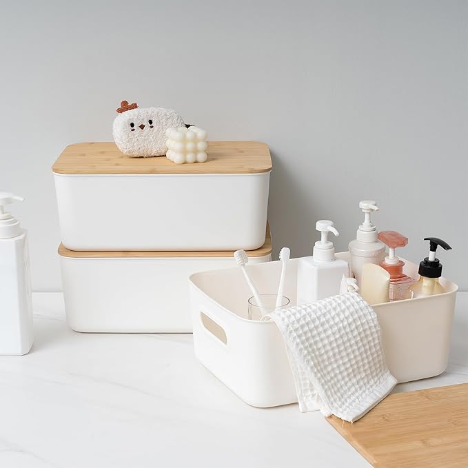 Citylife 4 PCS Storage Bins with Bamboo Lids Plastic Storage Containers for Organizing Stackable Storage Box with Handle, 15.12 x 10.67 x 5.98 inch