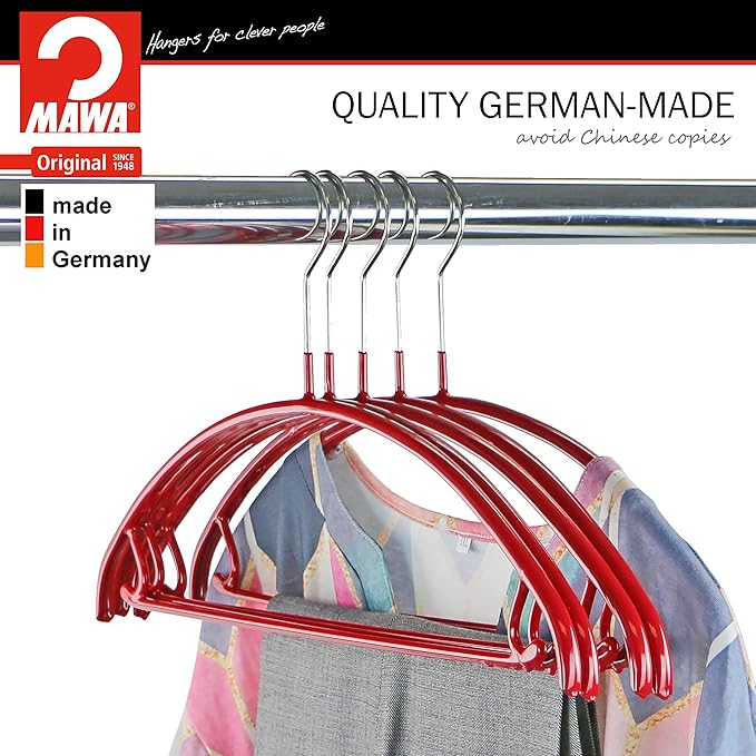 Mawa by Reston Lloyd Non Slip Metal Clothing Hanger, Smooth Shoulder Support with Skirt Hooks/Pant Bar, Model 42-U, Pack of 5, Red