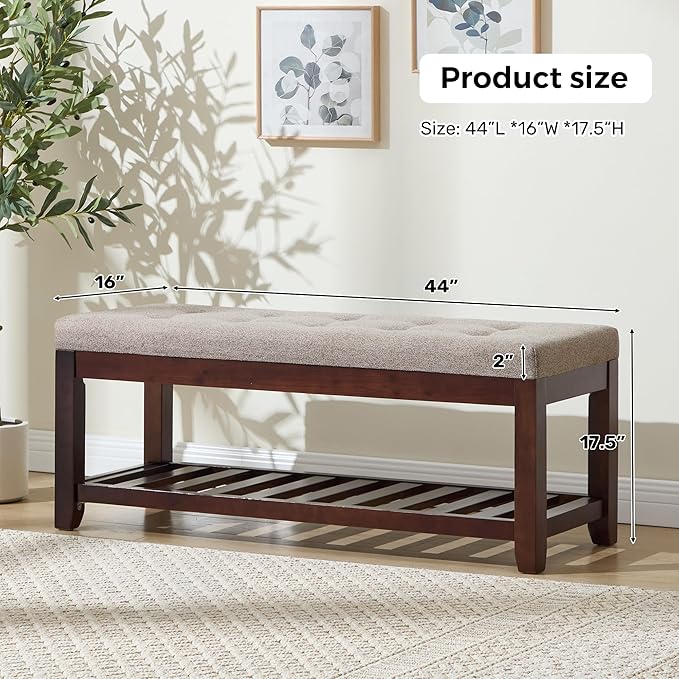 Shoe Bench Entryway, 44" End of Bed Bench,Upholstered Linen Bench for Living Room,Fabric Ottoman Bench with Solid Wood Shelf for Bedroom, Entrance Lightbrown