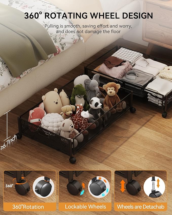 Under Bed Storage with Wheels, Foldable Pattern Carved Metal Under The Bed Storage, Tool-Free Assembly Under Bed Organizer, 60L Underbed Storage for Bedroom Clothes Blankets Shoes Toys-4 Pack