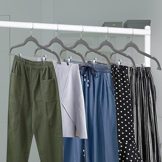 Lifemaster Velvet Skirt Hangers – with Adjustable Clips, 360 Degree Swivel Hook, and Non-Slip Shoulder Notch, Holds Up to 10 lbs, for Organizing Skirt, Pants, Dress, and Clothes, Pack of 30, Gray