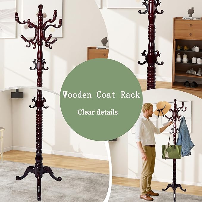 Coat Rack Freestanding,Solid Wooden Coat Rack Stand with 3 Height Options,14 Hooks, Natural Birch Coat Tree Easy to assemble for Clothes Jacket Hat bag Entryway (mahogany) (mahogany 2)