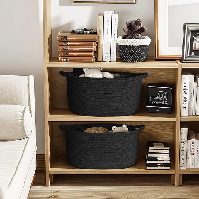 Black Woven Storage Basket, 17"x12"x8" Cotton Rope Baskets for Organizing Dog Toy, Gift, Book, Towel, Cloth, Shoe, Decorative Wicker Storage Bin for Shelves, Closet, Bathroom, Living Room