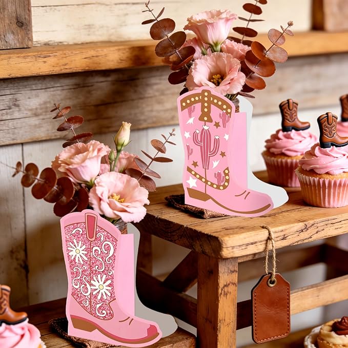 JeVenis 12 PCS Western Cowgirl Boots Flower Boxes Centerpiece Boot Shape Gift Boxes Party Decoration Vase Pink Centerpieces Boot Rodeo Birthday Baby Shower Wedding Supplies