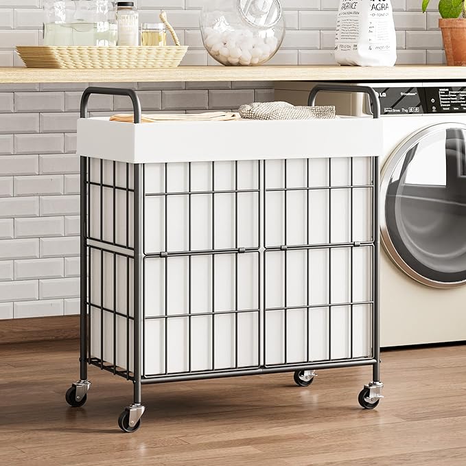 2 Section Laundry Hamper with Wheels and Brake, 100L Laundry Sorter Cart with 2 Removable Machine Washable Liner Bags, Metal Handle, Rolling Laundry Basket with Lid for Bedroom Laundry Room