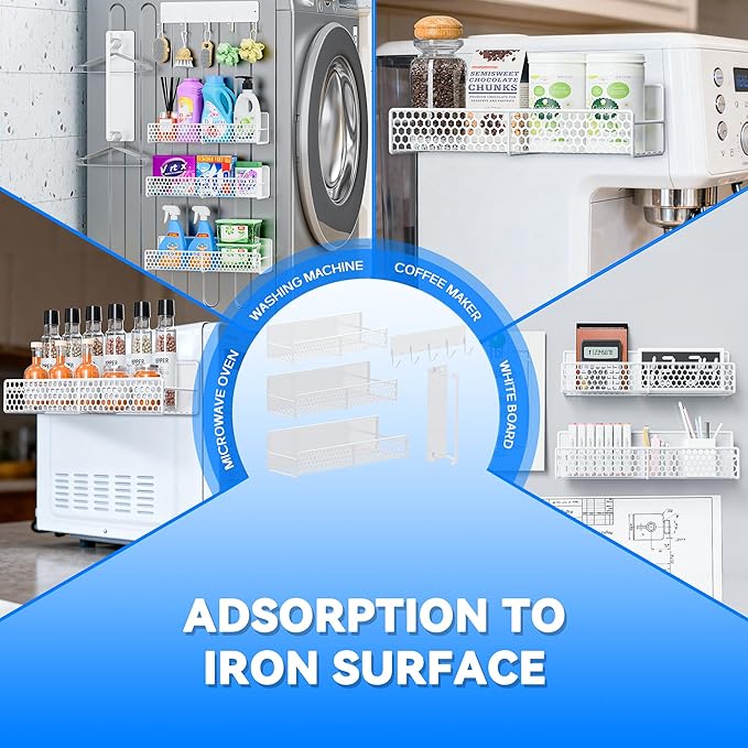 5 Pack Multifunctional Magnetic Shelves for Washing Machine & Refrigerator - Heavy Duty Laundry Room Organization System with Tool Hooks, Metal Storage Baskets (White)