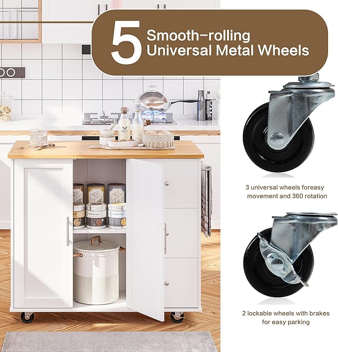 SUNLEI Kitchen Island with Storage Cabinet & Foldable Drop Leaf, Buffet Sideboard Cabinet, Cart Handle for Towel Rack, Drop Leaf, Portable Islands for Kitchen (Stylish White, 39.7-INCH)