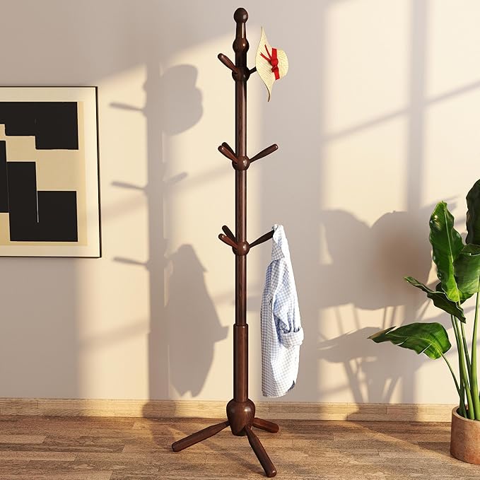 Solid Coat Rack Stand, Coat Rack Freestanding with 9 Hooks and Adjustable 3 Heights, Tree Coat Stand with Triangle Base for Entryway, Bedroom, Hallway, Wood Grain