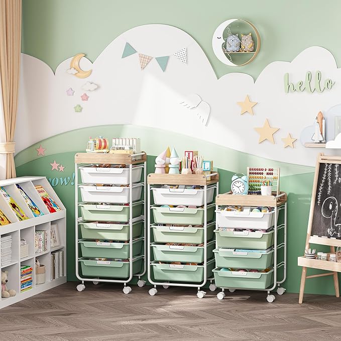 APEXCHASER Plastic Drawer Organizers with 5 Deep Drawers, Rolling Utility Cart with Wooden Top,Craft Storage Cart for Paperwork,Crafts,Snack,Kids’ Room,Nursery,Green