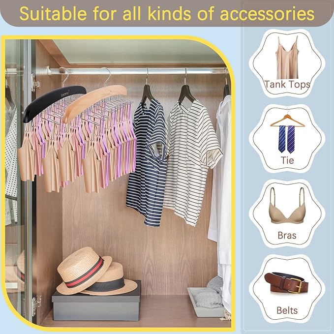 2Pcs Tank Top Hanger,Wood Bra Hanger with 24 Foldable Metal Hooks,360° Rotating Tank Hook,Tie Racks for Men Closet,Space Saving Closet Organizer for Tank Top Bra Tie Belt Scarf Camisole,Coffee