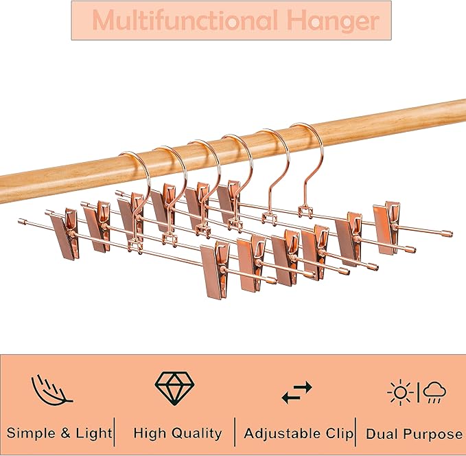 13.7" Rose Gold Copper Pants Hangers with Clips of Strong Non-Slip Skirt Hangers, Space Saving Hangers -Adjustable Clips for Slacks, Jeans, Clothes,Pants -10 Pack