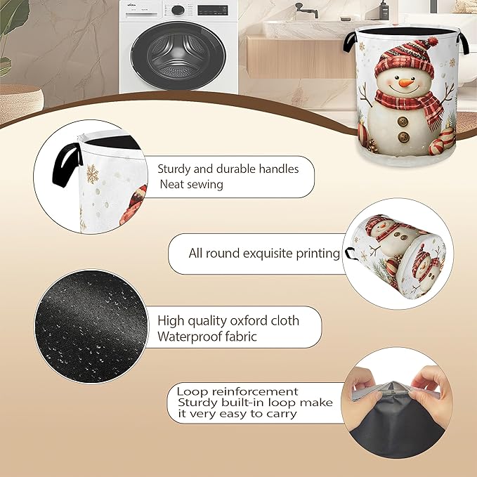 Christmas Snowman Laundry Hamper,Gold Snowflake Ornaments Clothes Hamper for Laundry,Waterproof Oxford Toy Storage Collapsible Hampers for Bedroom, Dorm Room,Bathroom,16x20 Inch